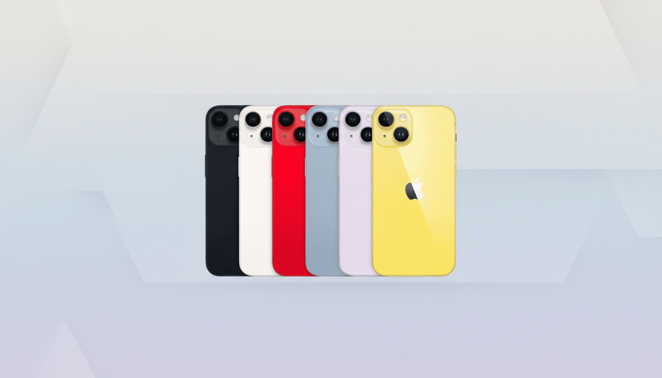 A row of five iPhone 14 models in black, white, red, blue, and yellow, presented on a professional flat design background with soft patterns.