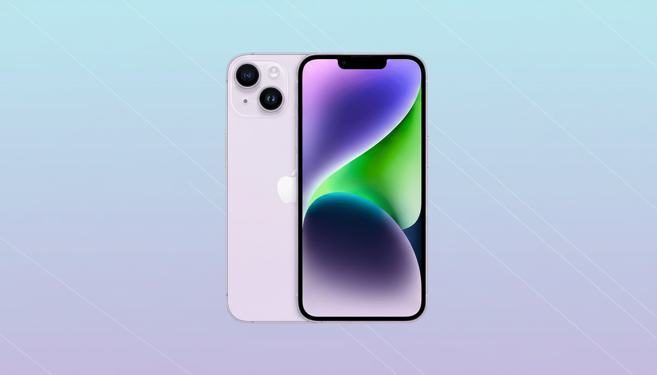 A purple iPhone 14, with its back and screen visible, set against a professional light blue and purple gradient background with subtle diagonal lines.