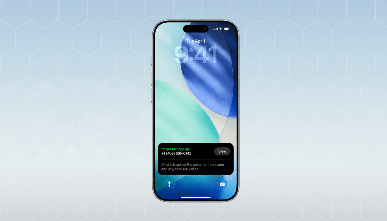 An iPhone displaying a Screening Call notification, set against a professional light blue background with a subtle geometric pattern.