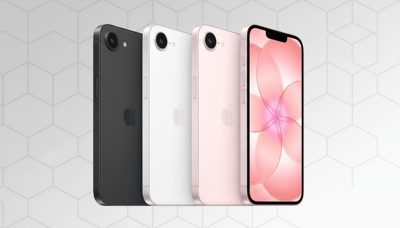 Four iPhone SE models in black, white, and pink, with one pink model displaying a floral wallpaper, set against a professional flat design background with soft geometric patterns.
