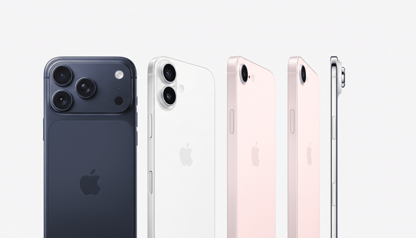 A professional image showcasing four iPhones in different colors (dark blue, white, and two pink) from various angles, set against a clean, light gray background.