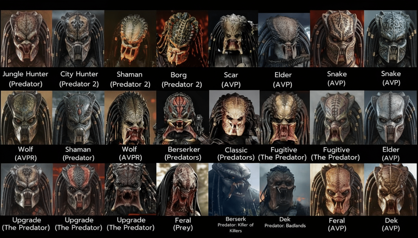 A grid displaying various Predator masks and faces from different films, each labeled with its name and the movie it appeared in.