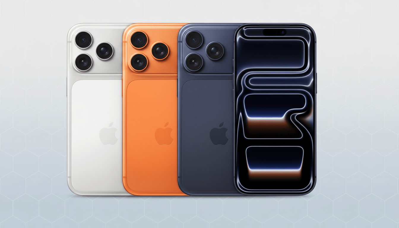 Four iPhones in white, orange, and two shades of blue, arranged side-by-side on a light gray background with a subtle geometric pattern.