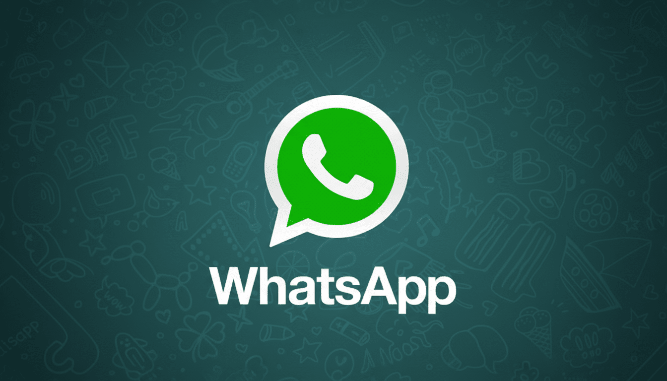 The WhatsApp logo and name are centered on a dark teal background with subtle, light teal doodle patterns.