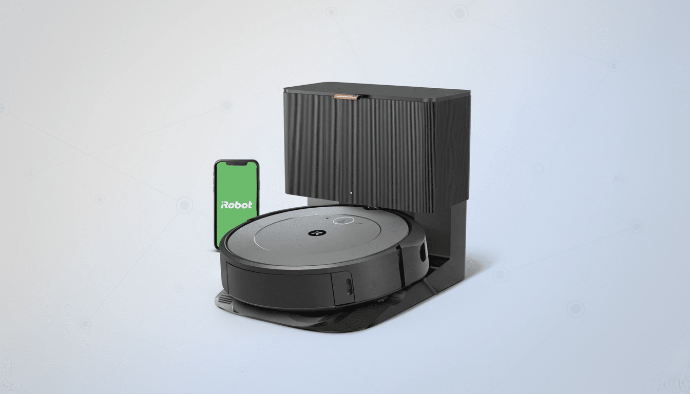 A professional 16:9 aspect ratio image of an iRobot Roomba robot vacuum and its charging station, with a smartphone displaying the iRobot app next to it. The background is a clean, light gray with subtle geometric patterns.