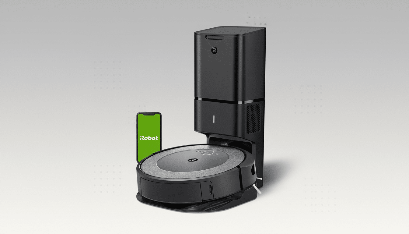 A black iRobot Roomba j7+ robot vacuum with its self-emptying base and a smartphone displaying the Robot app, set against a professional flat gray background with subtle patterns.