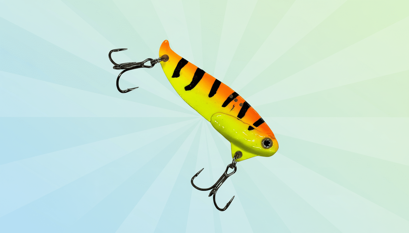A yellow and orange fishing lure with black stripes and two treble hooks, presented on a light blue and green gradient background with subtle radial patterns.