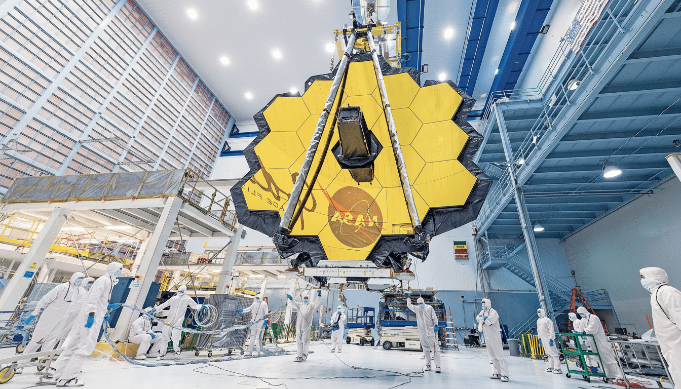 The James Webb Space Telescope, with its large golden hexagonal mirrors, is being prepared by technicians in cleanroom suits within a spacious facility.