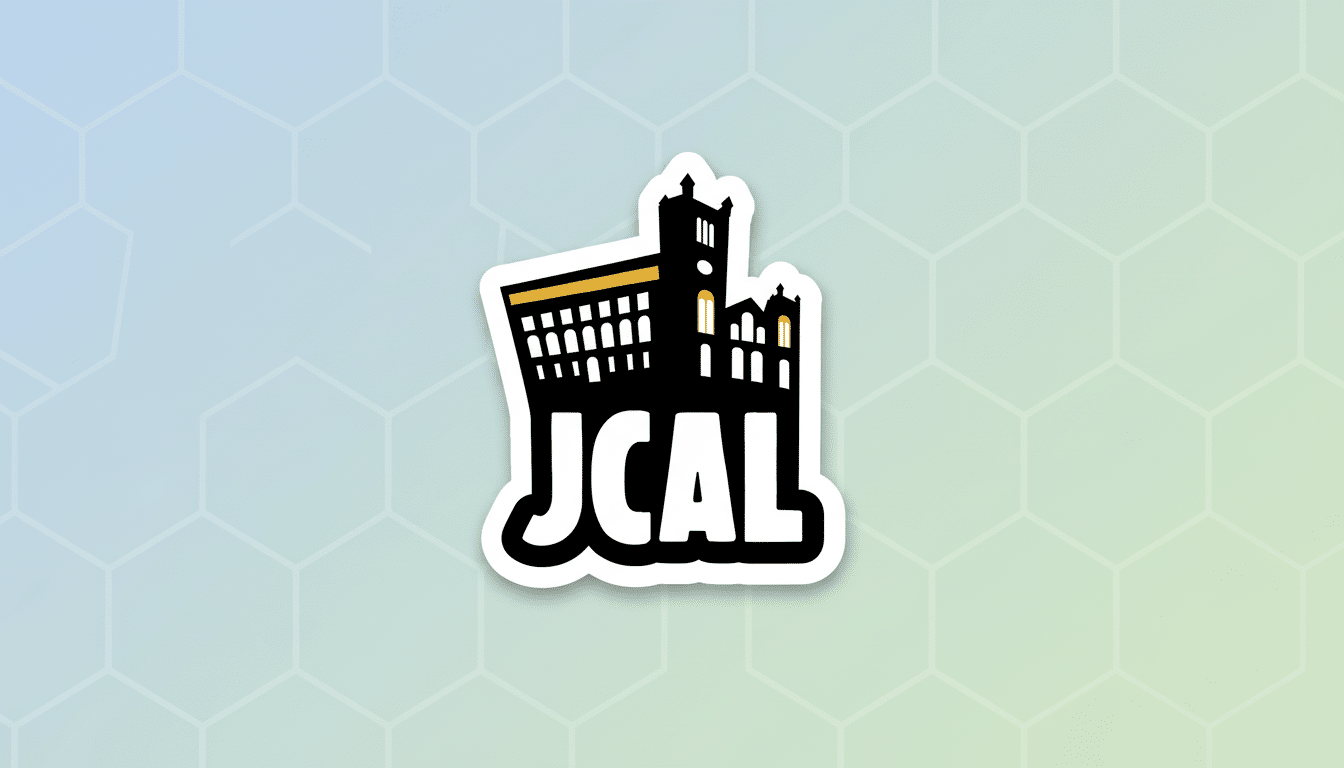 The JCAL logo, featuring a stylized black building with gold accents and the letters JCAL in white, centered on a professional 16:9 background with a soft blue and green gradient and subtle hexagonal patterns.