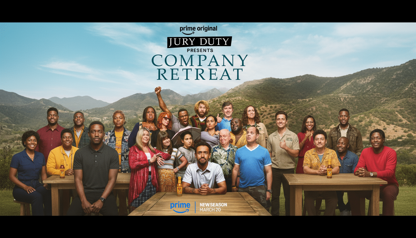 A wide shot of the Jury Duty Presents Company Retreat poster, featuring a diverse group of people gathered outdoors with mountains in the background. The image has been resized to a 16:9 aspect ratio, maintaining the original background and enhancing the overall professional presentation.