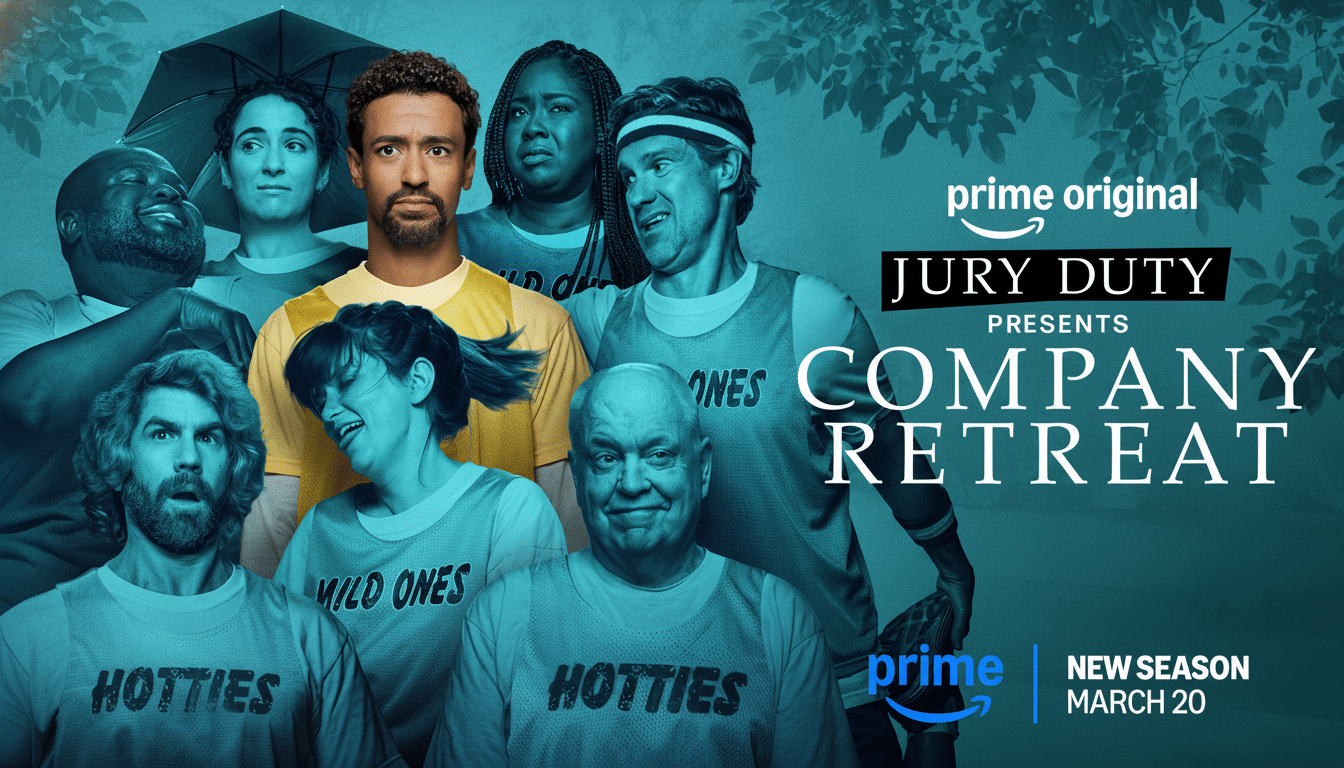 A promotional image for Jury Duty Presents Company Retreat showing a group of diverse individuals, some looking surprised or confused, with the shows title and release date.
