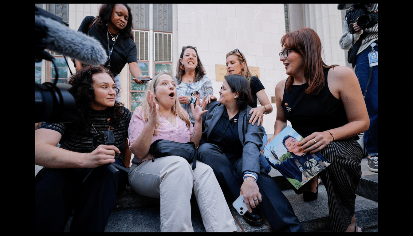 A group of women sitting on steps, with one woman holding a picture of a young boy.
