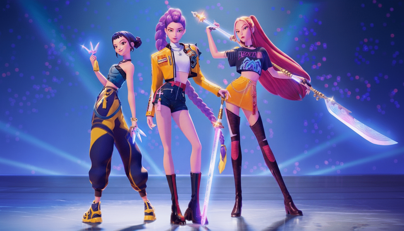 Three animated female characters in stylish outfits, holding glowing weapons, standing against a sparkling blue background.