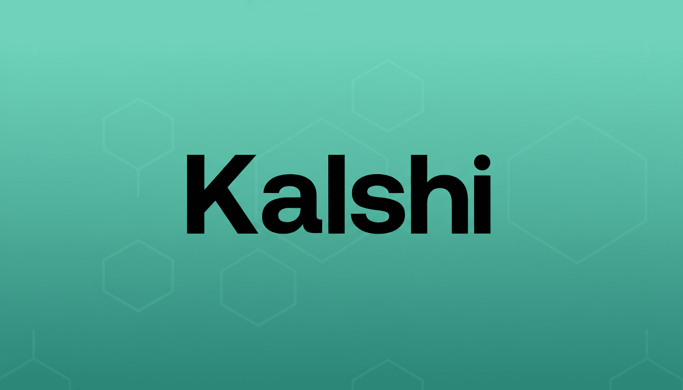 The word Kalshi in black text on a teal background with subtle hexagonal patterns.
