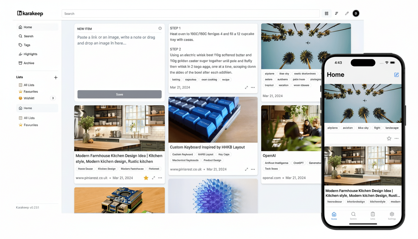 Karakeep AI tool organizes browser tabs into labeled groups on a desktop screen