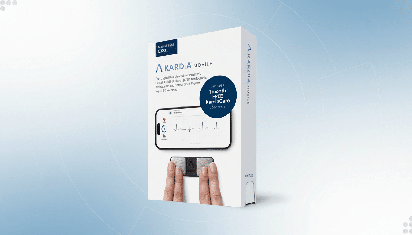 A white box for Kardia Mobile, a mobile 1-lead EKG device, is displayed at a slight angle on a professional flat gray background with a subtle gradient. The box features text describing its FDA clearance and ability to detect various heart conditions, along with an image of the device and a smartphone screen showing an EKG reading. The box also highlights a 1 month FREE KardiaCare offer.