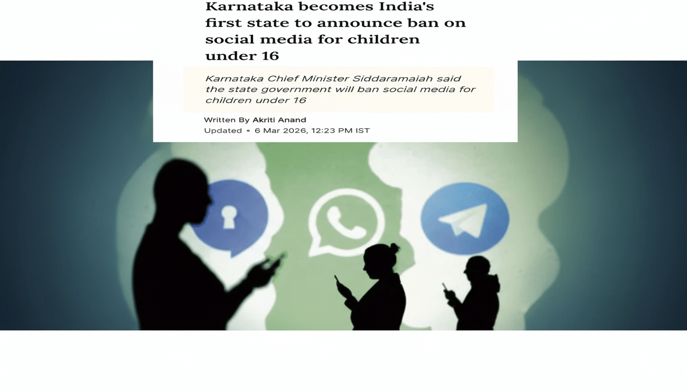 An image with a news headline Karnataka becomes Indias first state to announce ban on social media for children under 16 and a sub-headline about the Chief Ministers statement. Below the text, silhouettes of people are shown using mobile phones, with social media app icons like a lock, WhatsApp, and Telegram floating above them. The image has been resized to a 16:9 aspect ratio.