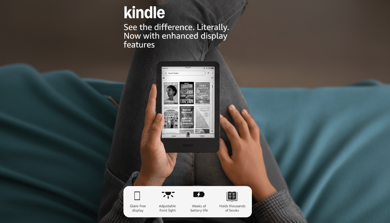 A person holding a Kindle e-reader, displaying book covers, with text overlay kindle See the difference. Literally. Now with enhanced display features and icons for Glare-free display, Adjustable front light, Weeks of battery life, and Holds thousands of books.