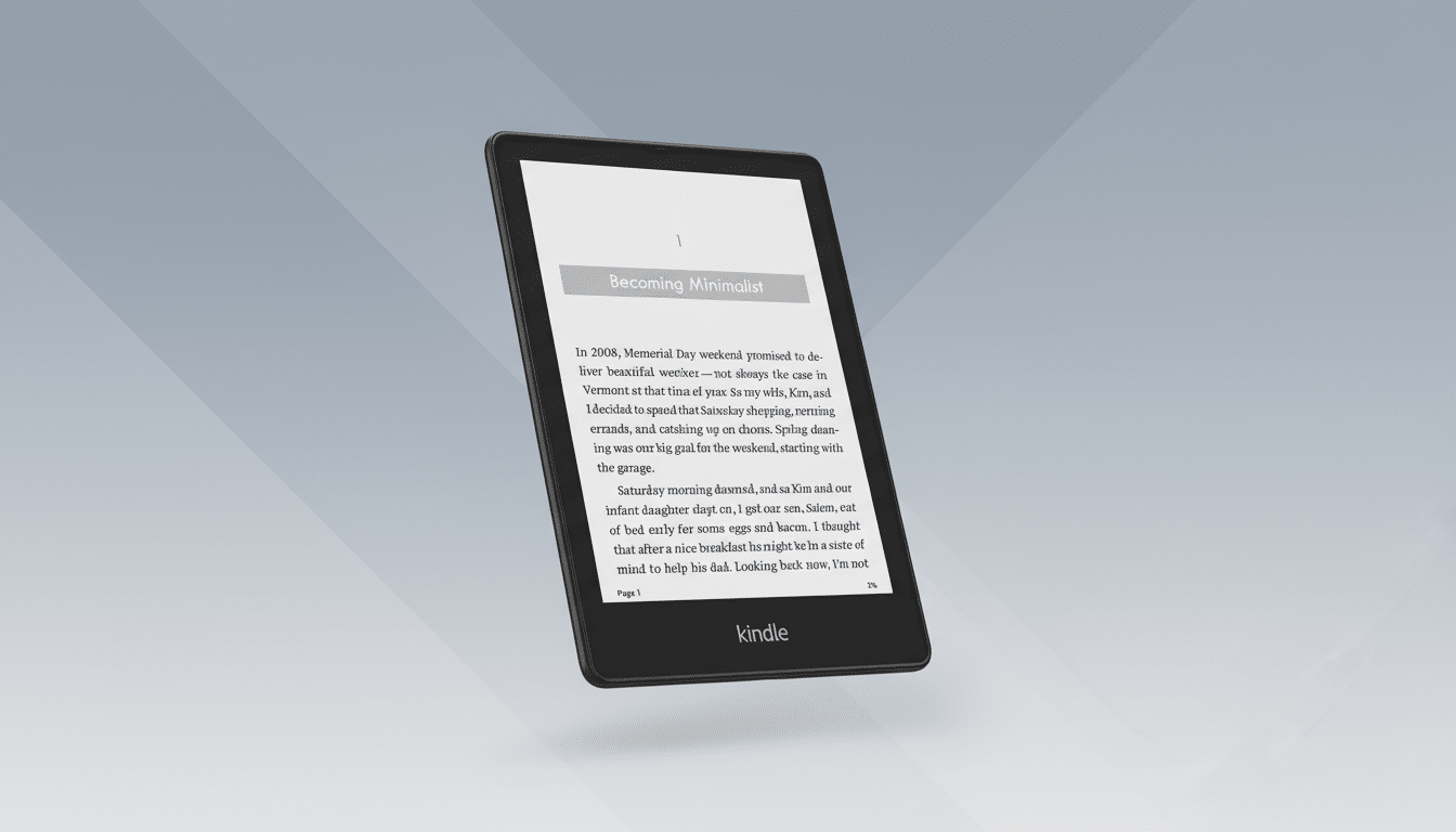 A Kindle e-reader displaying the title Becoming Minimalist on a professional flat design background with soft gradients.