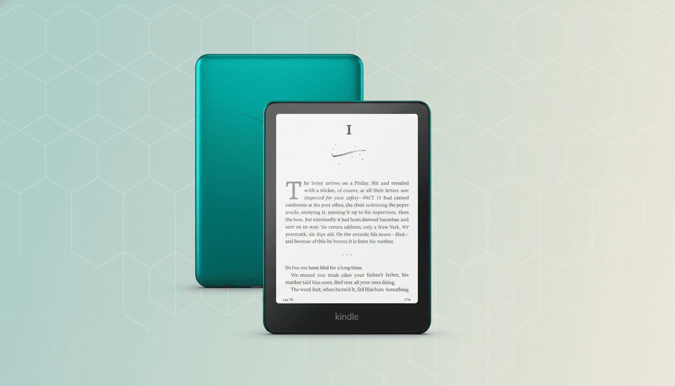 A Kindle e-reader displaying text, with a teal Kindle cover behind it, set against a professional flat design background with soft patterns.