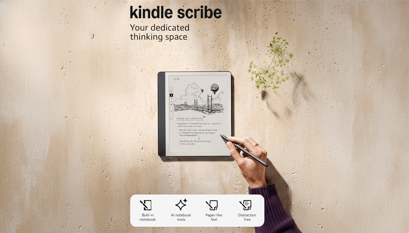 A Kindle Scribe e-reader with a stylus in a hand, displaying Notes on creativity on its screen, set against a textured wall with a small plant. The image is resized to a 16:9 aspect ratio.