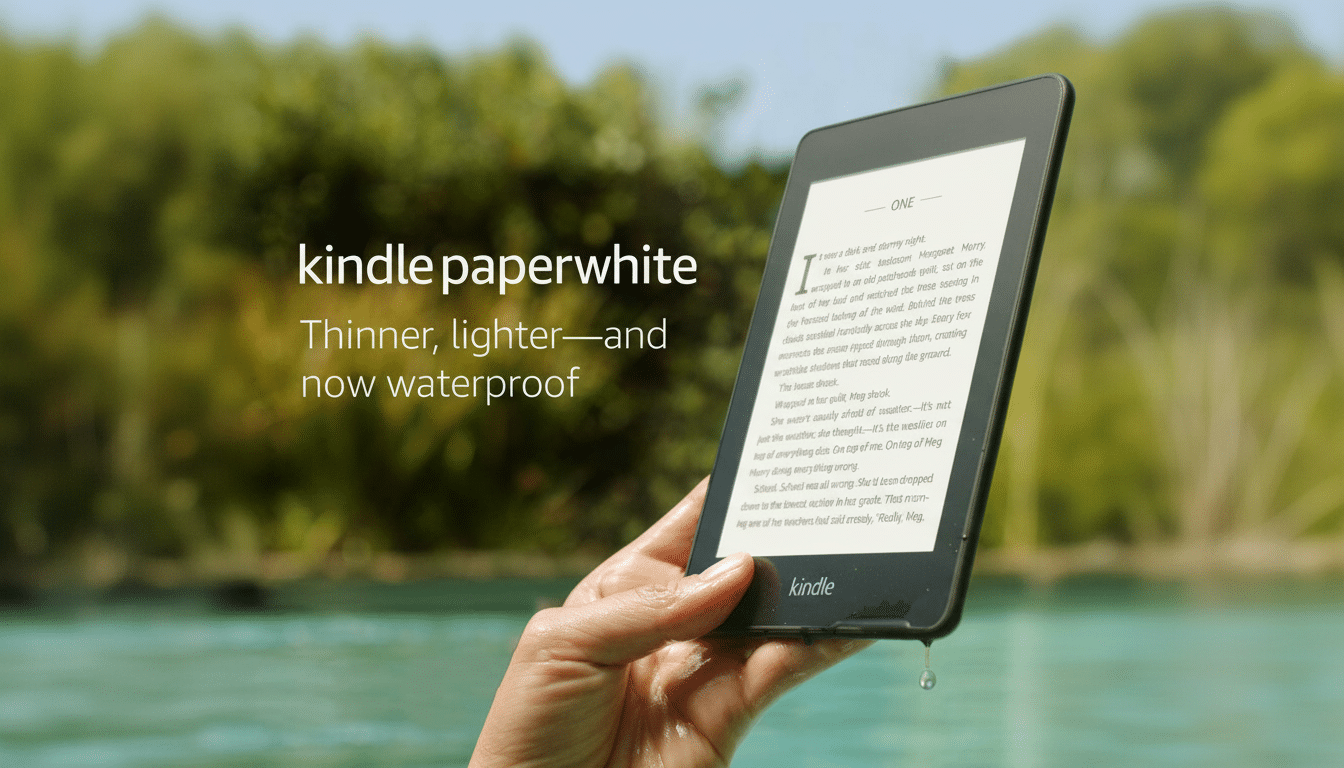 A hand holding a wet Kindle Paperwhite e-reader with text kindle paperwhite Thinner, lighter—and now waterproof on the left, against a blurred green and blue background.