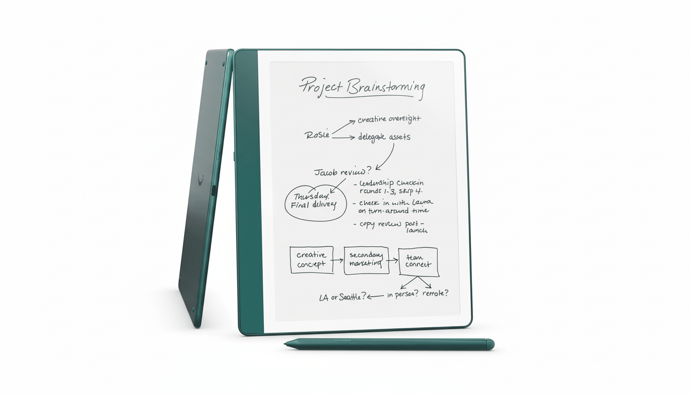 A teal digital tablet with a stylus, displaying a Project Brainstorming flowchart on its screen, set against a clean white background.
