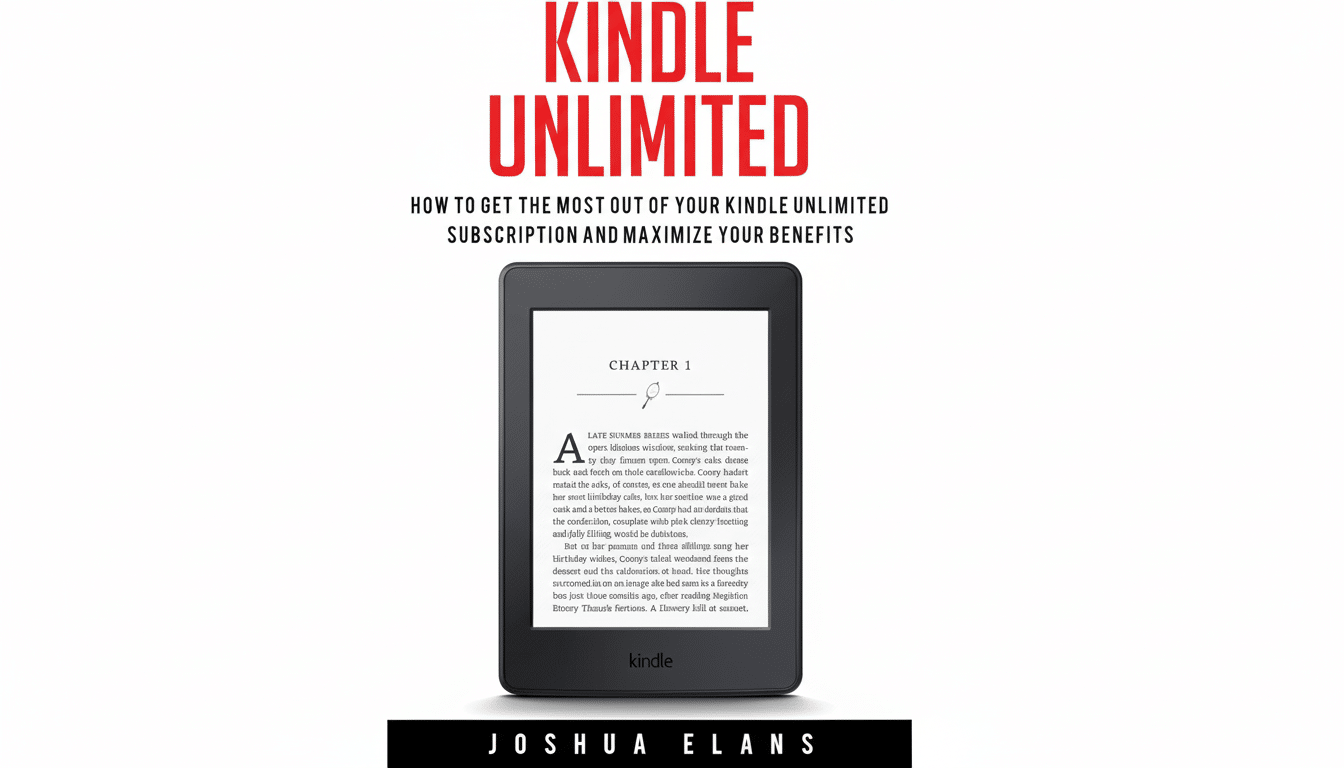 A Kindle Unlimited book cover featuring a Kindle device displaying Chapter 1 text, set against a clean white background with the title KINDLE UNLIMITED in red at the top and JOSHUA ELANS in black at the bottom.