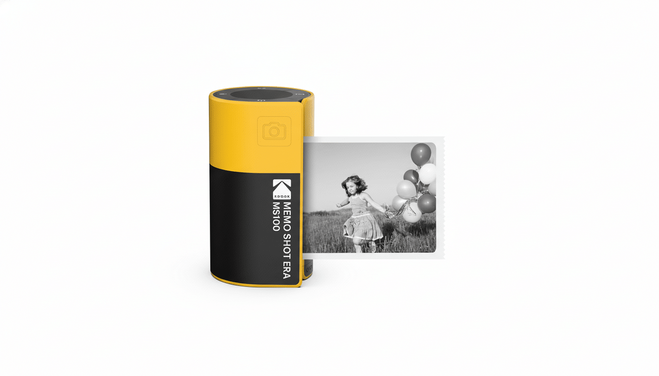 A yellow and black Kodak Memo Shot Era MS100 portable printer, shaped like a film canister, printing a black and white photo of a young girl holding balloons in a field. The image is set against a clean white background.