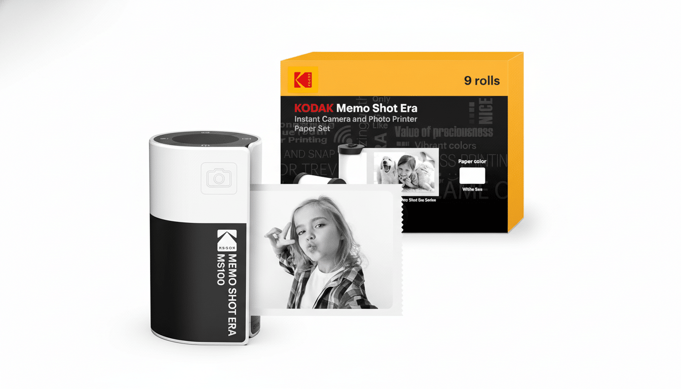 A Kodak Memo Shot Era instant camera and photo printer with a box of 9 rolls of paper, featuring a printed photo of a young girl making a peace sign.