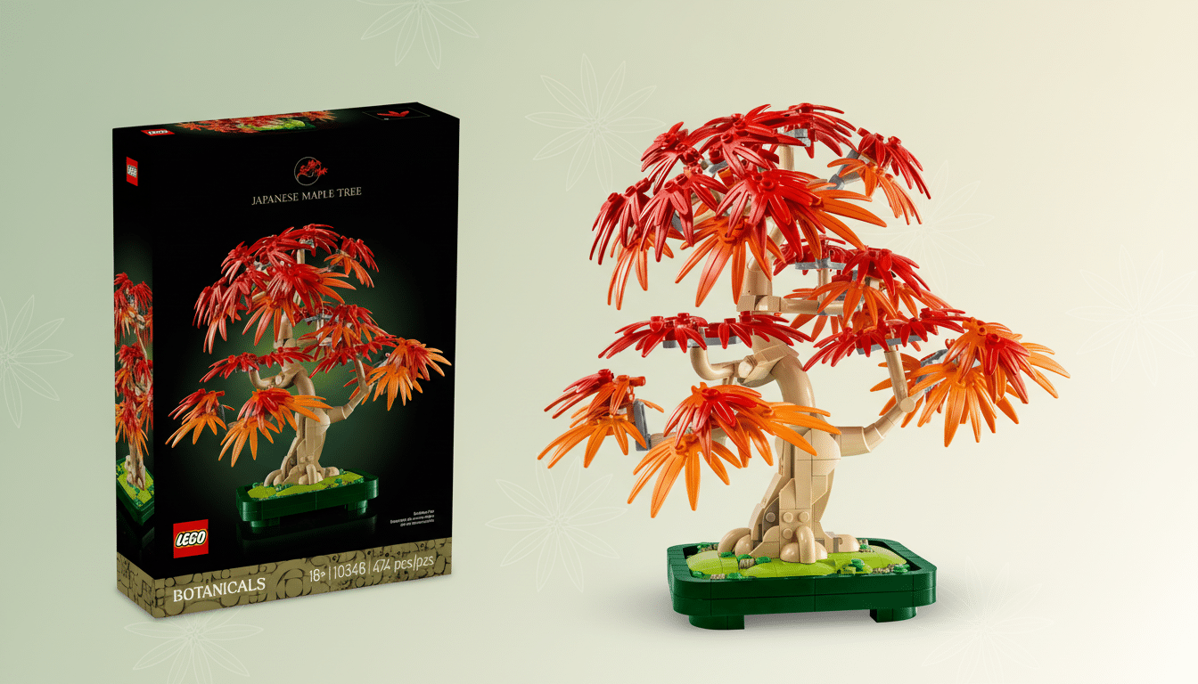 A Lego Japanese Maple Tree set, with the assembled tree and its product box, presented on a professional flat design background with soft patterns.