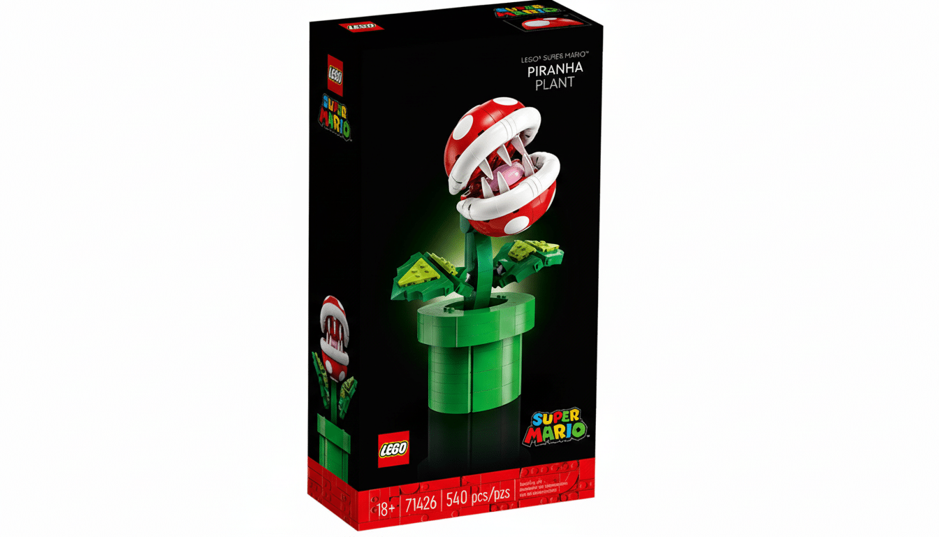 A LEGO Super Mario Piranha Plant set box, resized to a 16:9 aspect ratio, maintaining its original background and professional presentation.