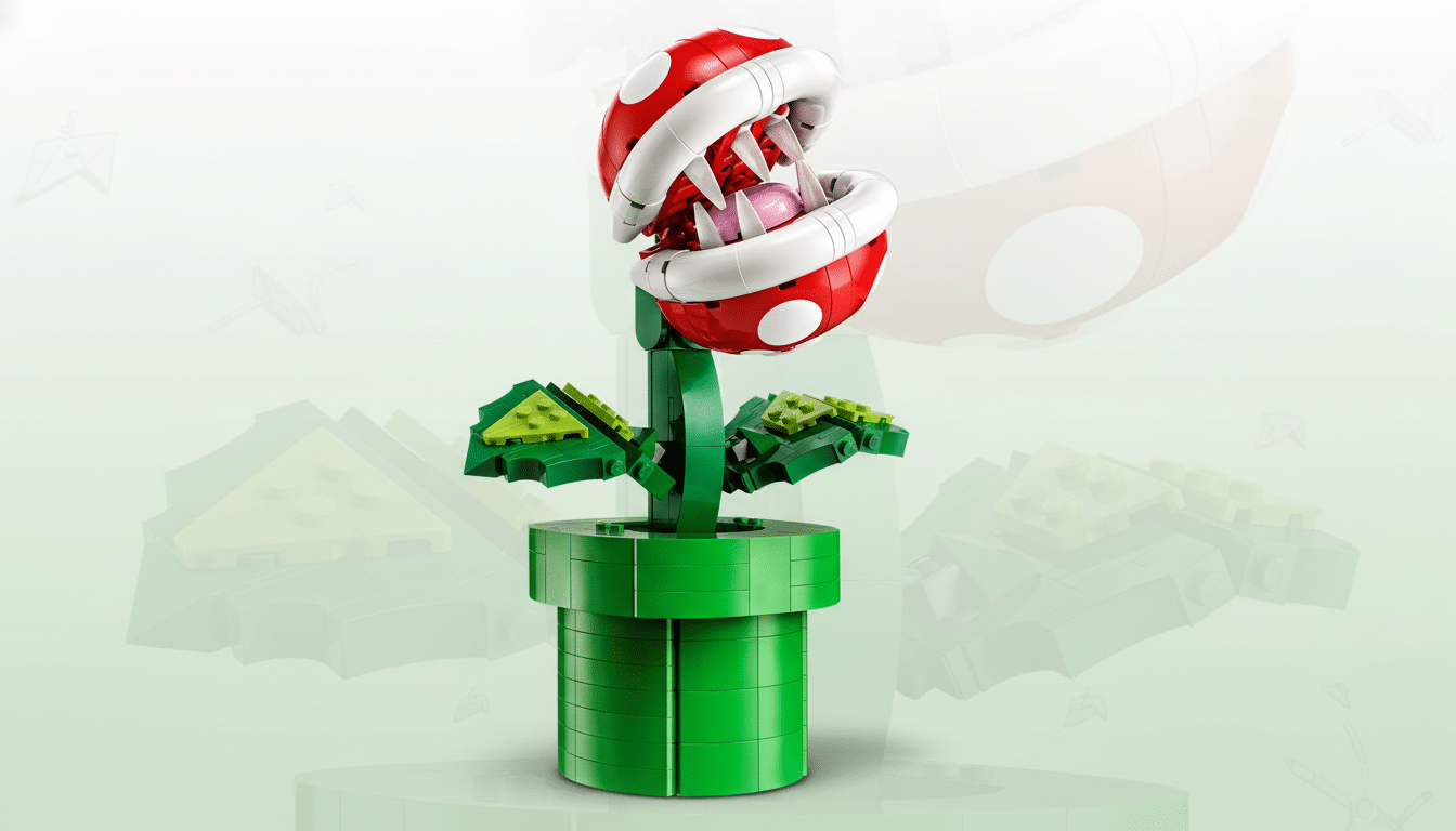A LEGO Piranha Plant set, featuring the iconic red and white head with sharp teeth, a green stem, and green leaves, all emerging from a green pipe base. The background is a soft gradient with subtle patterns.