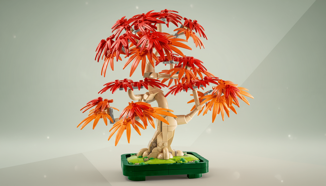 A LEGO bonsai tree with red and orange leaves, set against a professional flat design background with soft patterns and gradients.