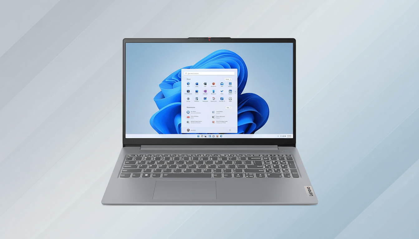 A Lenovo laptop displaying the Windows 11 operating system on its screen, set against a professional flat design background with soft blue and white gradients.