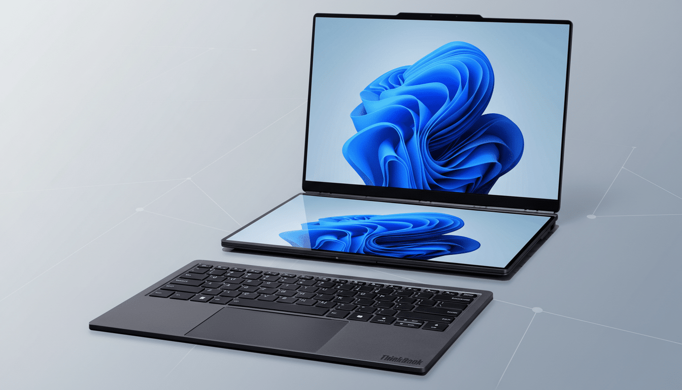 A Lenovo ThinkBook Plus Gen 3 laptop with a dual screen and detached keyboard, set against a professional flat design background with soft patterns.