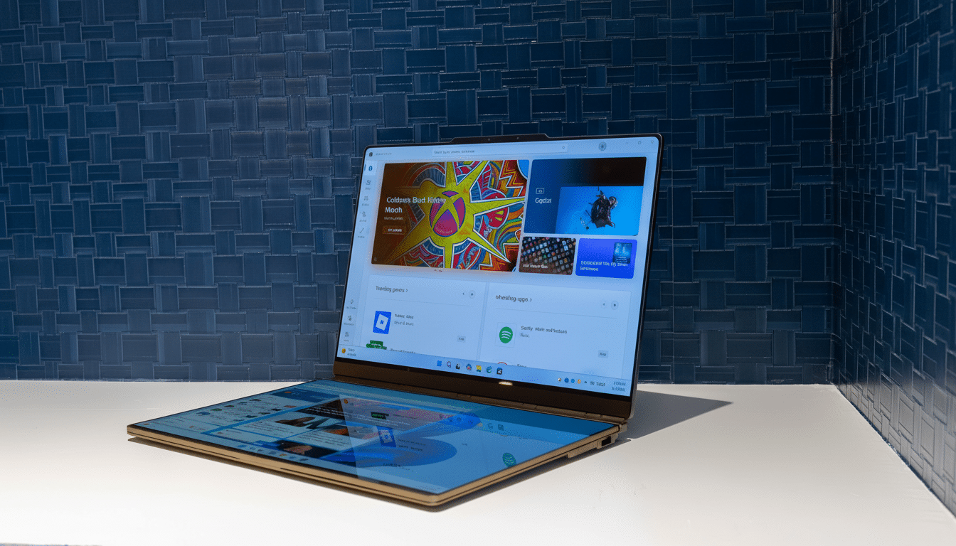 A laptop with a dual screen display, showcasing a vibrant app store interface on the main screen and a web browser on the secondary screen, set against a blue tiled wall.