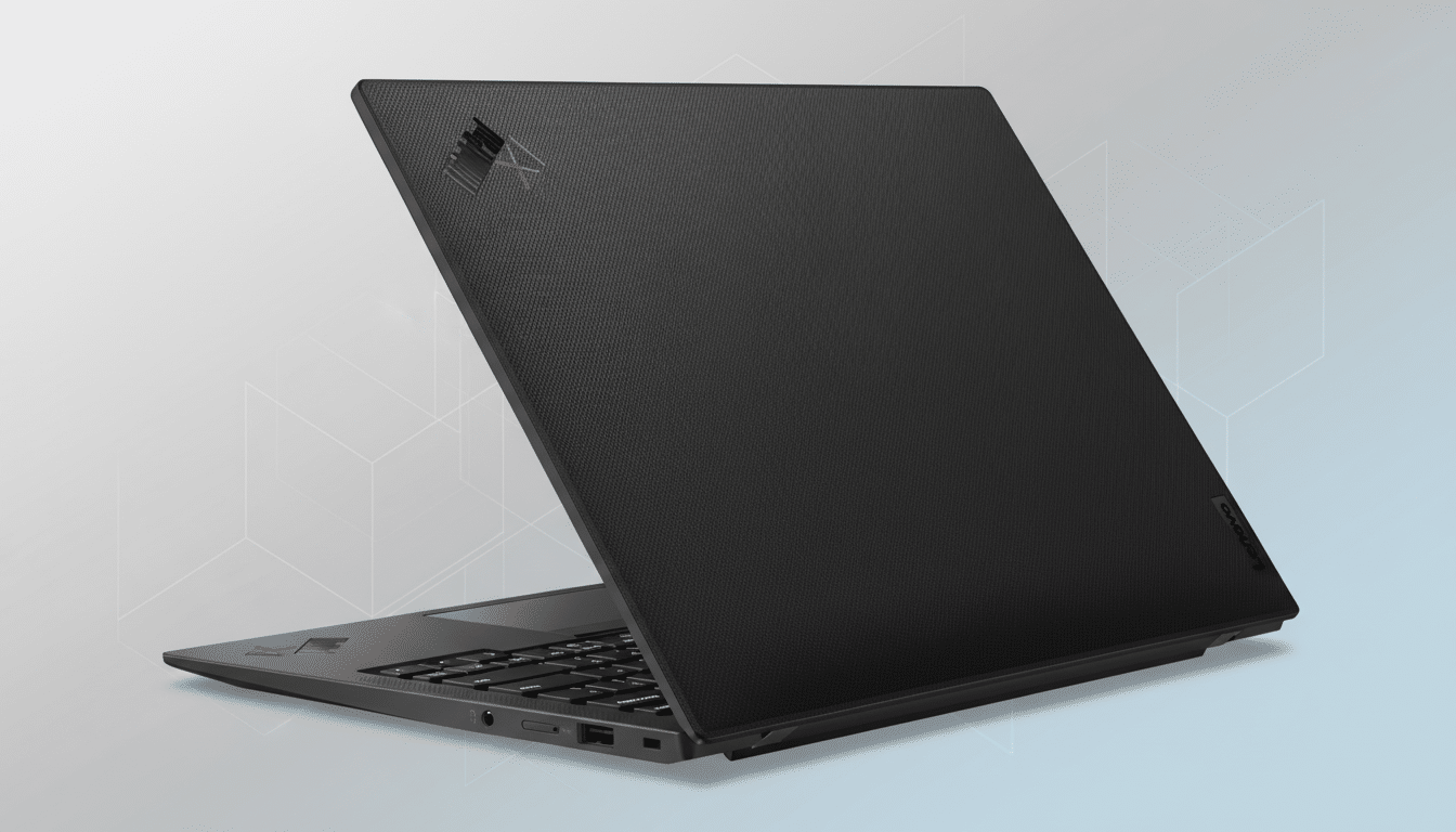 A black Lenovo ThinkPad X1 laptop is shown from a slightly elevated angle, with its lid partially open, against a professional flat design background with soft patterns and gradients.