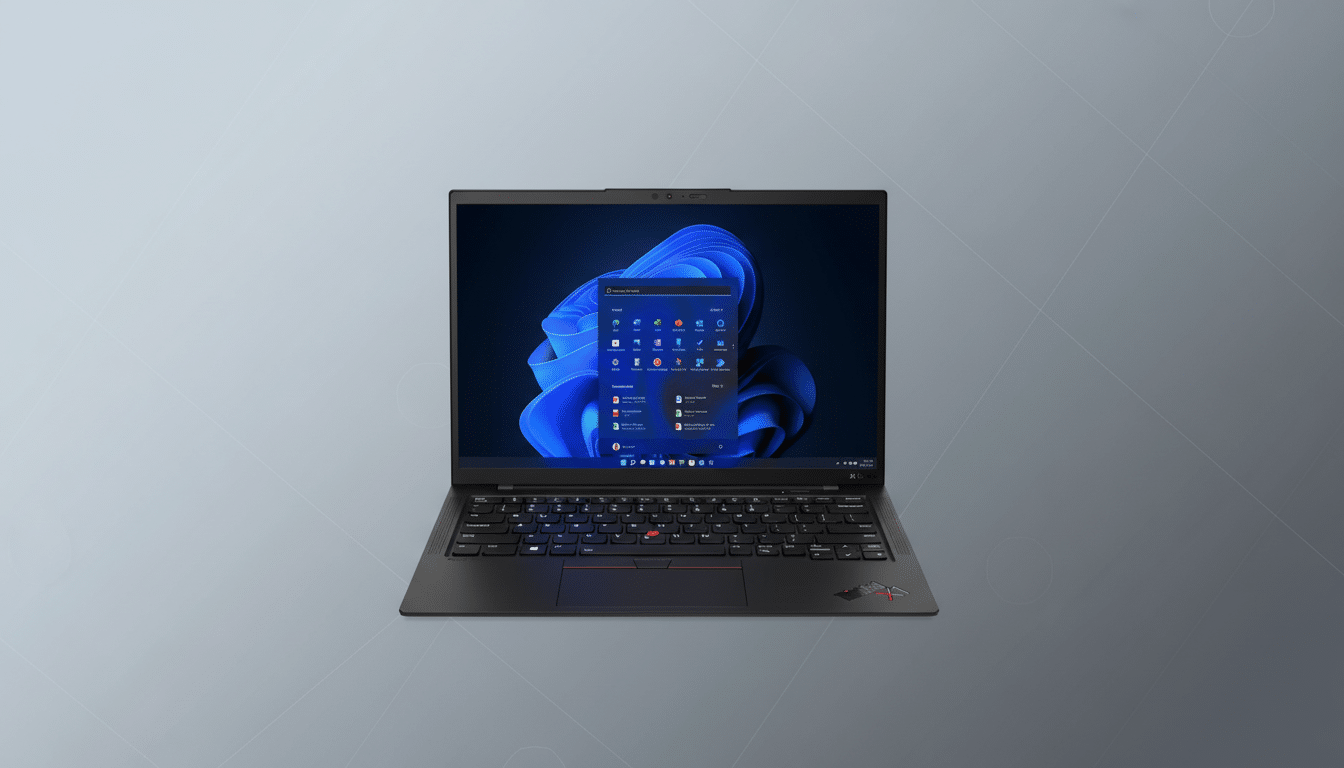 A black laptop with Windows 11 displayed on its screen, set against a professional flat gray background with subtle geometric patterns.