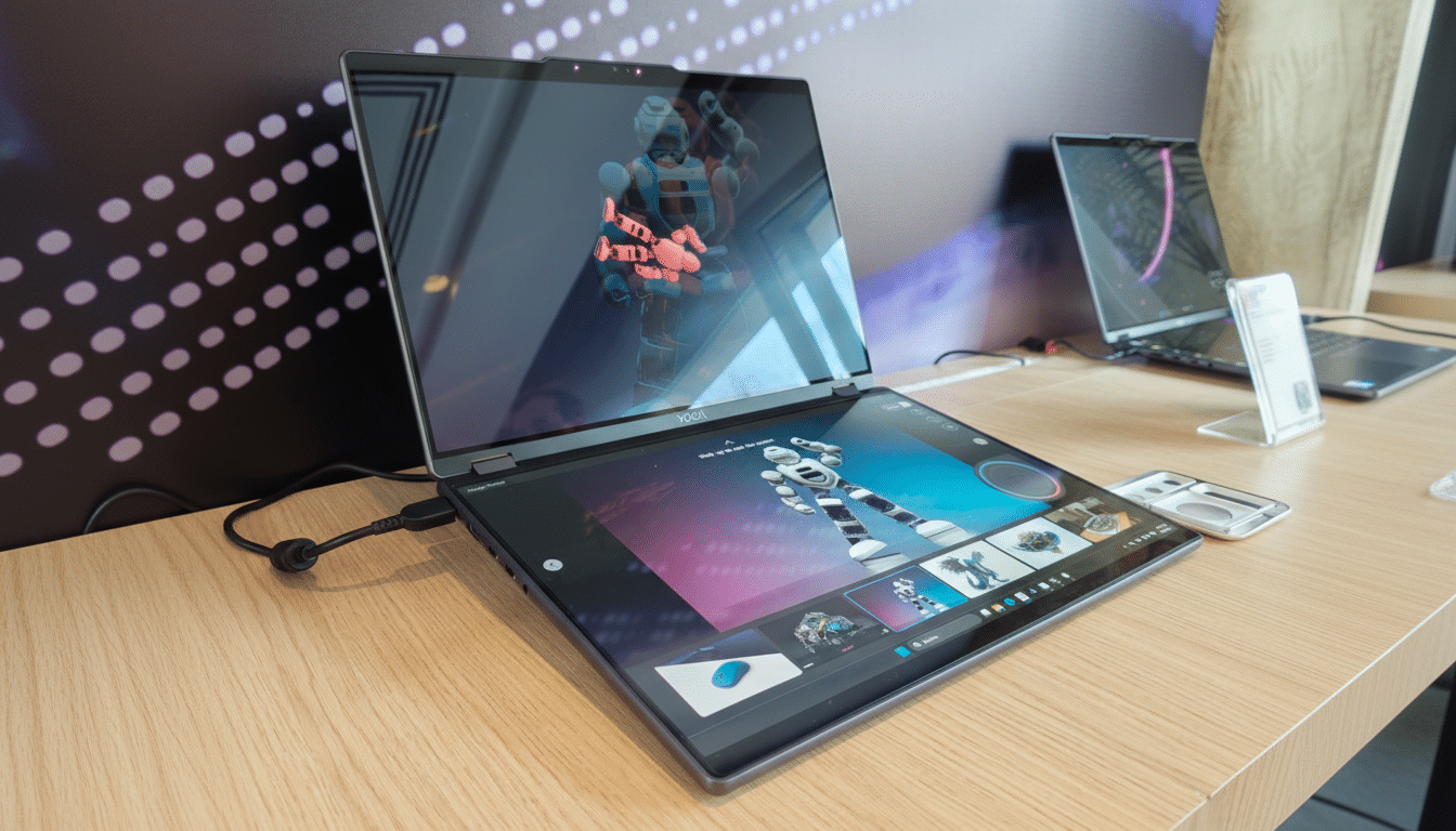 A Lenovo Yoga laptop with a dual screen setup, displaying a 3D rendering of a robotic hand on the top screen and an image editing interface on the bottom screen, sitting on a wooden desk.