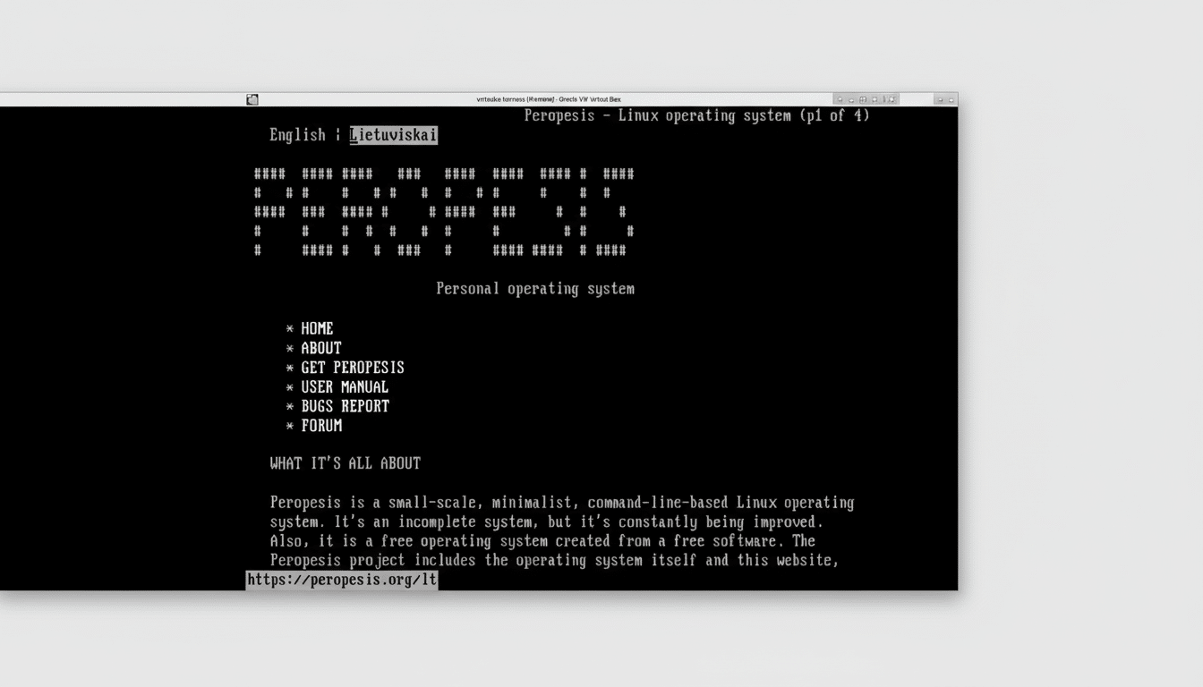 A screenshot of the Peropesis Linux operating system interface, displayed in a virtual machine window, resized to a 16:9 aspect ratio with a professional flat gray background.