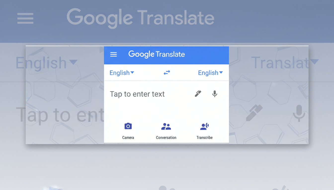 A screenshot of the Google Translate app interface, resized to a 16:9 aspect ratio with a professional flat design background featuring soft patterns. The original app interface is centered and unchanged, showing Google Translate at the top, language selection dropdowns for English, a text input field, and icons for Camera, Conversation, and Transcribe.