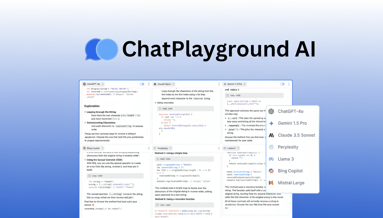 A professional, enhanced image of the ChatPlayground AI interface, resized to a 16:9 aspect ratio. The image displays various code snippets and AI model comparisons, with a clean, professional background.