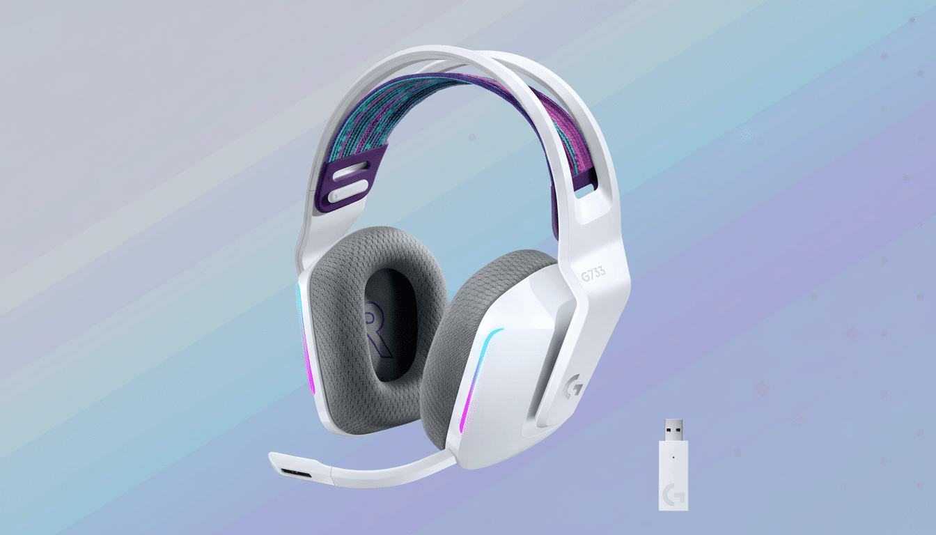 A white Logitech G733 wireless gaming headset with colorful accents and a USB receiver, presented on a soft gradient background.