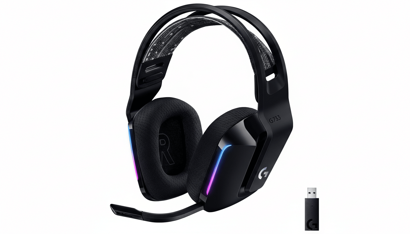 A black Logitech G733 wireless gaming headset with RGB lighting on the earcups and a small USB receiver, presented on a white background.