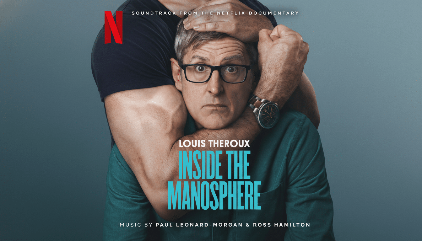 A man with glasses looks forward with a surprised expression, while another persons muscular arms are wrapped around his head from behind. The image is the cover for Louis Theroux: Inside the Manosphere soundtrack.