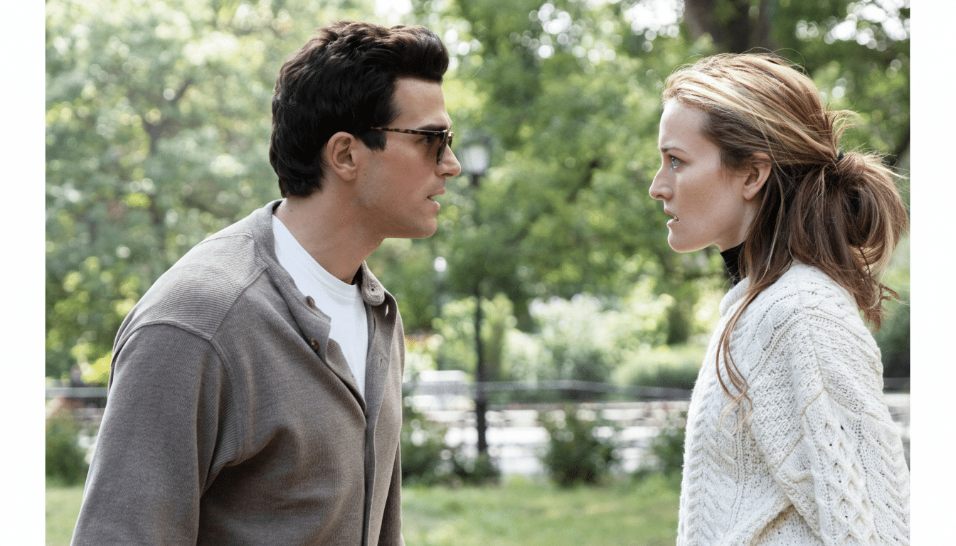 A man and a woman facing each other outdoors, resized to a 16:9 aspect ratio.