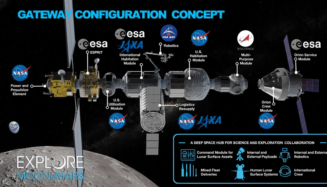 A diagram illustrating the Gateway Configuration Concept, a deep space hub for science and exploration collaboration, with various modules and international partners labeled.