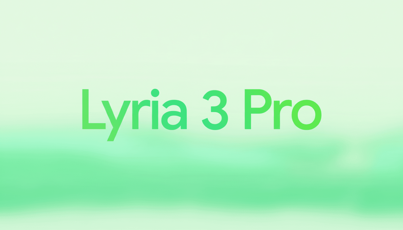 The text Lyria 3 Pro in a gradient of green hues, centered against a soft, light green background with subtle, blurred horizontal waves.