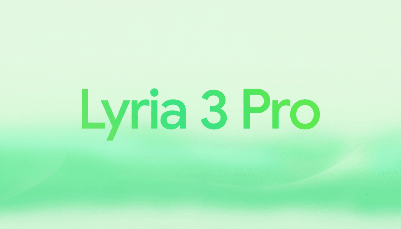 The text Lyria 3 Pro in a gradient of light to medium green is centered on a soft, light green background with subtle, wavy patterns.